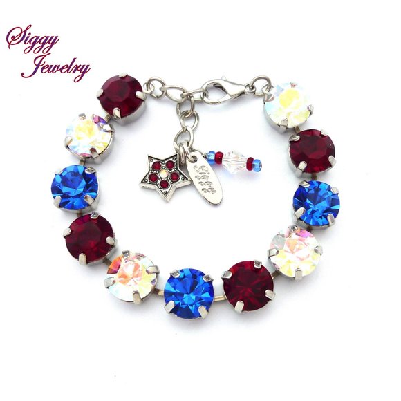 Patriotic July 4th Red White and Blue Tennis Bracelet with Charms - Picture 1 of 9